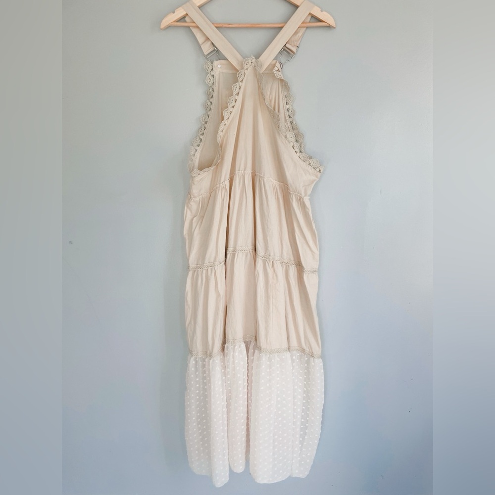 Prairie Cottagecore Tiered Overall Dress Beige Lace Trim Adjustable Straps M/L - Picture 7 of 8
